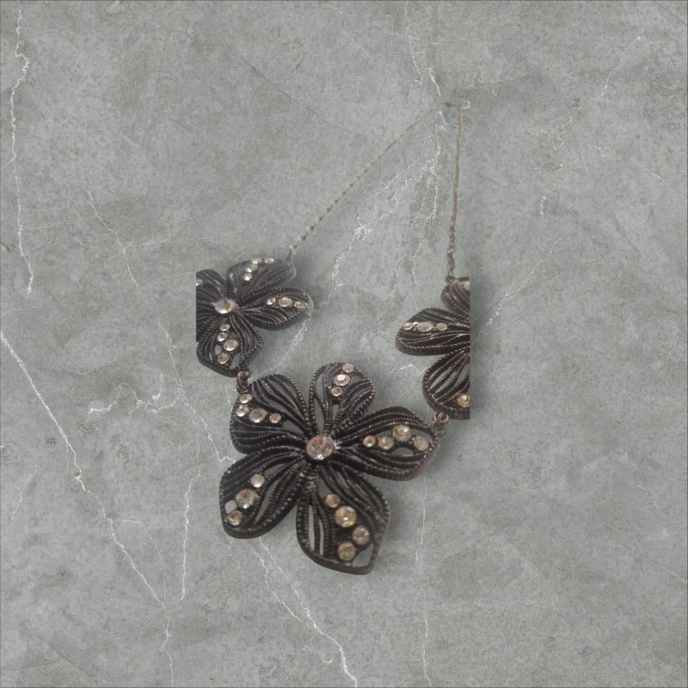 Black and Gold Floral CZ Statement Necklace Intricate Design